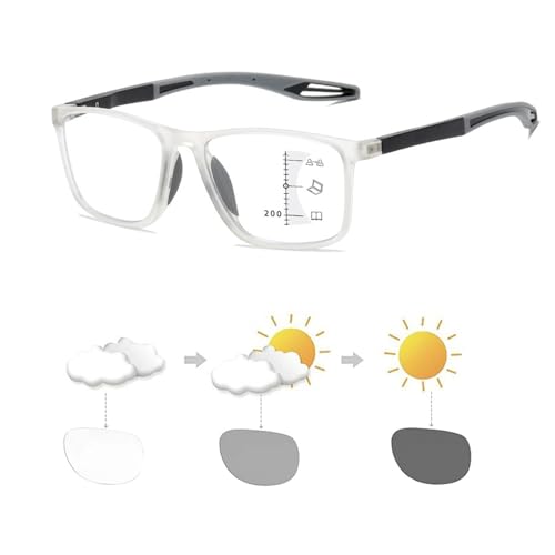 Gafas de presbicia bifocales progresivas fotocromáticas inteligentes deportivas, gafas de lectura de luz anti-azul de moda, gafas ultraligeras de lectura bifocales portátiles(Transparent/Gray,1.5 x)