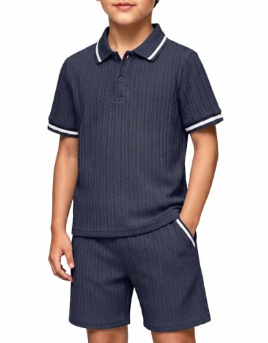 Image of Arshiner Boys 2 Piece Outfits Button Polo Shirt & Elastic Shorts 4-13 Years