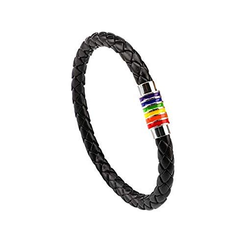 PHOGARY Gay Pride Bracelet LGBT Rainbow (2 Packs), Couple Black Leather Bracelet Men’s Women’s Bangle with Rainbow Striped Stainless steel Magnetic Clasp 22cm2