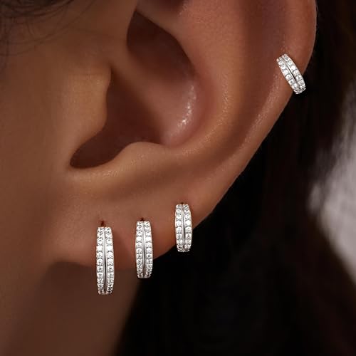 Image of Small Gold Huggie Hoop Earrings Set for Women Men Hypoallergenic 14K Plated Stack Cartilage Earrings, Sterling Silver Multiple Piercing Lightweight Mini Thin Cute Dainty Trendy Jewelry Gifts for Women