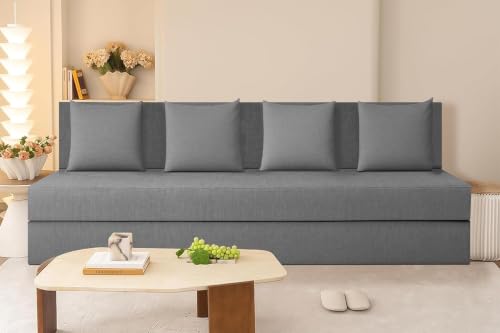 Image of Rosebell Foldable Easy Lightweight Four-Person Four Seater Sofa Cum Bed Jute Fabric Washable Cover- Including 4 Cushion - Size 6X6 Feet | Color - Grey | Perfect for Living Room & Office