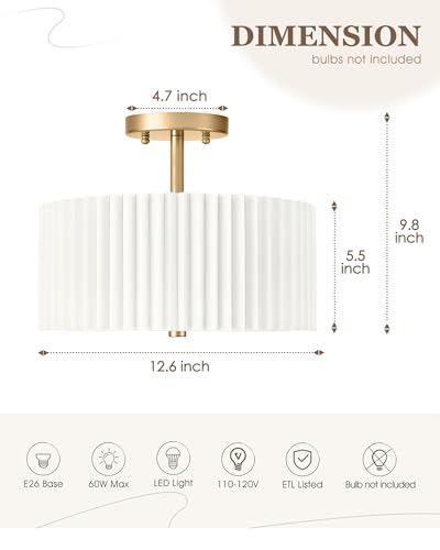 Image of Gold Semi Flush Mount Ceiling Light, 3-Light 12.5 inch Ceiling Light Fixture with White Pleated Fabric Shade, Drum Lamp for Nursery Hallway Bedroom Kitchen, AD-25036-3SF-GD