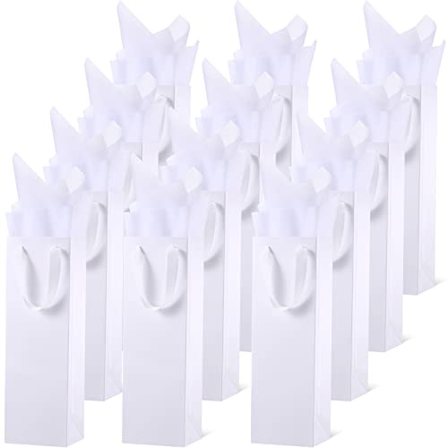 12 bolsas de vino blancas con asas y papel de seda kraft para botellas de 4x3.5x14 pulgadas