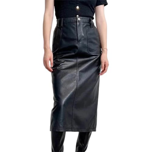 Women Genuine Leather Maxi Skirt Long Length Pencil Style Big Pocket Slit High Waist Fashion Skirt Black