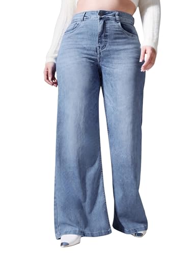 Image of Miss Chase A+ Women's Wide-Leg High-Rise Regular-Length Stretchable Cargo Denim Jeans