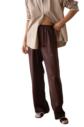 UAURORAO Satin Pants for Women Dressy Silk Wide Leg Lounge Pants Elastic Drawstring Casual Long Flowy Trousers(Silky Brown,Medium)