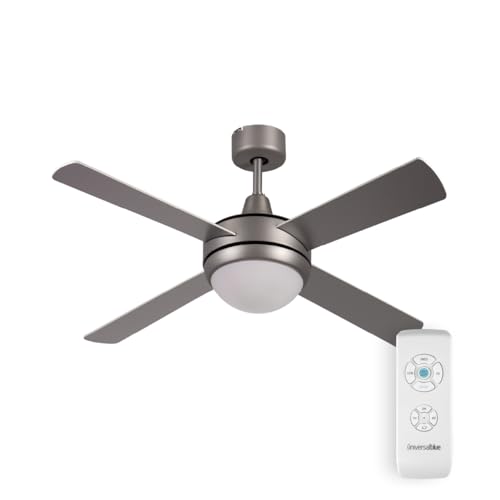 UNIVERSALBLUE Ventilador de techo con luz LED | Aspas reversibles inox y blanco | Ventilador silencioso con Motor DC | Mando a Distancia | Diámetro 106 cm | Temporizador