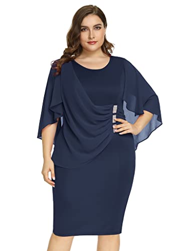 Hanna Nikole Vestido de gasa con capa de talla grande para mujer, vestido de cóctel con superposición, azul marino, XXL