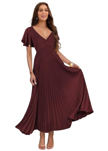 Miao Duo Women's Pleated Silk Satin Wedding Guest Dresses Elegant Short Sleeves Maxi Formal Dresses YZTS289