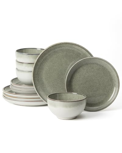 Image of Pokini Ceramic Dinnerware Sets for 4, 12pcs Plates and Bowls Sets Dish Set