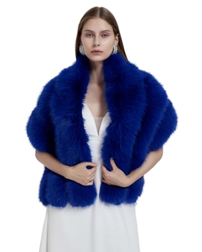 UMREN Women's Luxury Party Faux Fox Fur Long Shawl Cloak Cape for Winter Royal Blue A