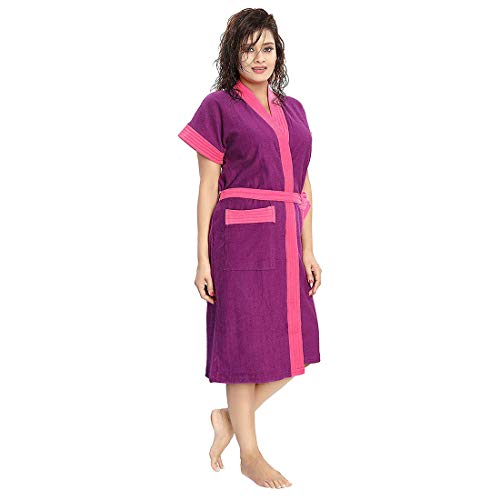 Image of bathrobes terry cotton free size bathrobe for women, bathsuit fit up to 42 inches chest size ladies - Pink Belt Purple bathrobe