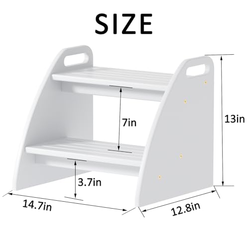 Image of Bamboo 2 Step Stool 300lbs Capacity, Wooden Two Step Stool with Non-Slip Handles, Heavy Duty Stepping Stool for Bedside High Beds Adults, Sturdy Small Bathroom Kitchen White Step Stool