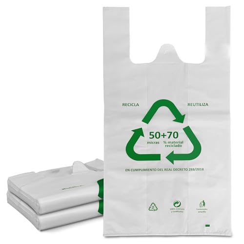 TIENDA EURASIA – Pack de Bolsa Tipo Camiseta, Con Asas, 70% Material Reciclado, Distintos Tamaños, Apta para Uso Alimentario, Reutilizable (80x85 cm 50 Uds)