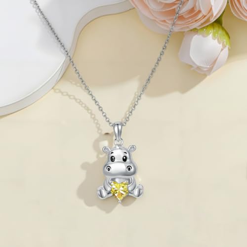 Image of PROESS Animal Birthstone Necklace 925 Sterling Silver Otter /Axolotl /Hippo /Elephant /Dachshund /Monkey /Red Panda Pendant Necklace Animal Birthstone Jewelry Gifts for Women