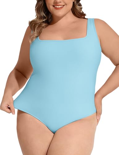 Image of FOREYOND Plus Size Bodysuits for Women Short Sleeves Square Neck Body Suit Tops Casual Basic Slim Fit Shirts Leotards