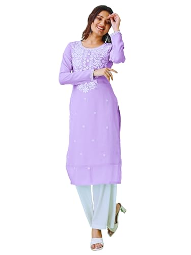 Image of HESVI Women's Georgette White Lakhnavi Chikankari Kurti with Intricate Embroidery Work