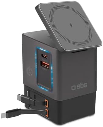 SBS Power Dock 6in1 100W USB-C, Kabelloses Laden 15W, MagSafe-kompatibel, Power Delivery (PD 3.0 PPS), Ladestation mit 2 einziehbaren Kabeln, Netzteil für Notebook, iPhone, AirPods