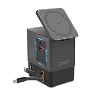 SBS Power Dock 6in1 100W USB-C, Kabelloses Laden 15W, MagSafe-kompatibel, Power Delivery (PD 3.0 PPS), Ladestation mit 2X Einziehbarem Kabel, Netzteil für Notebook, iPhone, AirPods, Schwarz