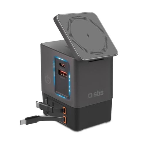 SBS Power Dock 6in1 100 W USB-C, bezprzewodowe ładowanie 15 W, kompatybilny z MagSafe, Power Delivery (PD 3.0 PPS), stacja ładowania z 2 wysuwanymi kablami, do Notebook, iPhone i AirPods, Czarny