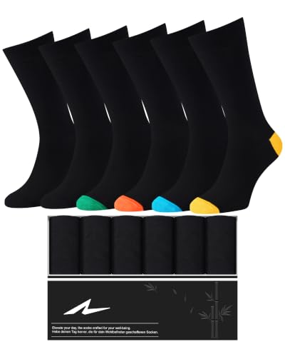 Image of Niorasen Men's Bamboo Rayon Dress Socks, 6 Pairs, Mid Calf | 90% bamboo rayon socks with breathable fabric and reinforced heel and toe; classic solid style for business and daily wear.
