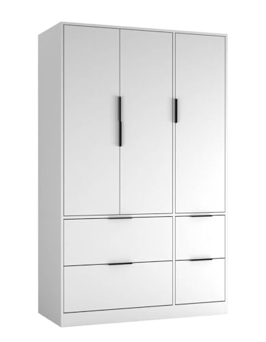 URBNLIVING 3 Door Wardrobe with 4 Drawers Wooden Bedroom Storage Cupboard with Hanging Rail for Clothes - White Unit & White Doors & Drawers