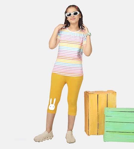 Image of KYDA KIDS Girls Cotton Printed Stretchable Capri Leggings (3 /4 th Pant) for Dance, Yoga, Running, Exercise, Pack of 2