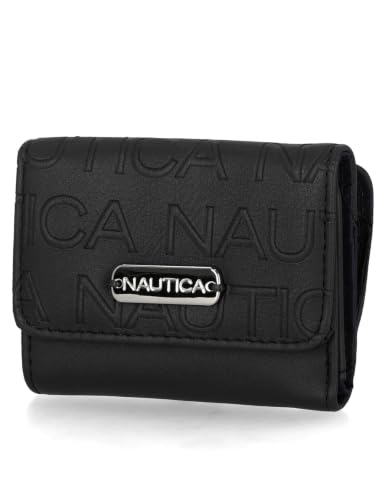 Image of Nautica Rower's End Small Wallet for Women, RFID Blocking Slim Credit Card Holder with Zipper Coin Pocket, Bifold Compact Womens Wallet with ID Window Black (Embossed)