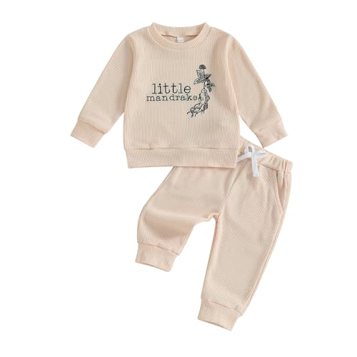 Image of Gueuusu Toddler Baby Boy Girl Fall Outfit Letters Embroidery Long Sleeve Waffle Knit Sweatshirt and Pants Set