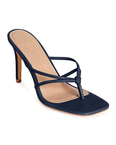 Coutgo Womens Heeled Sandals Strappy Square Toe Flip Flops Fashion Thong Slip on Stiletto Sandals, Navy, Size 7