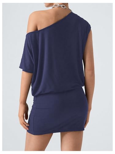 Image of SOLY HUX Women's Off The Shoulder Mini Dress Going Out Asymmetrical Neck Short Sleeve Casual Bodycon T Shirt Dresses