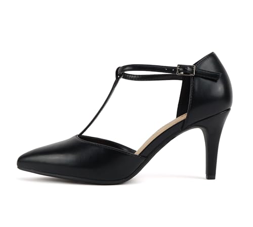 Soda Bahia ~ Women Pointed Toe Closed Back Counter Stiletto Mid Heel T-Strap Pump Shoe