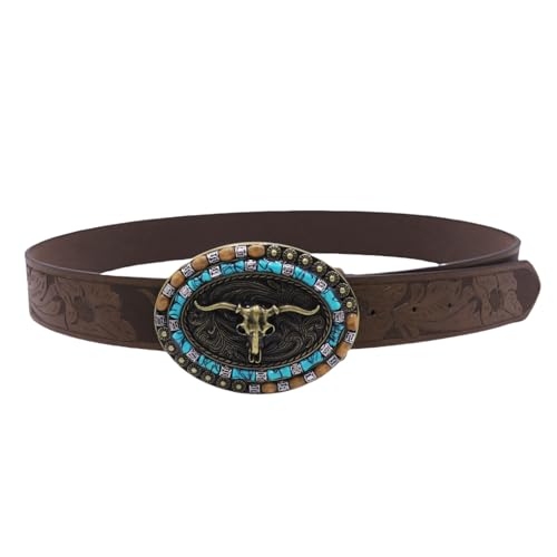 JUMISEE Longhorn Bull Western Leather Cowboy Belts for Men Women Engraved Buckle Belt Cowgirl Country Waist Belts