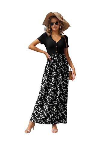 Image of GRECERELLE Womens Summer Long Maxi Dresses 2026 Short Sleeve V Neck Casual Button Dress with Pockets