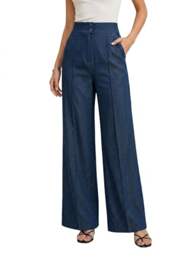 Image of Women's High Waist Wide Leg Trousers | High Rise Button Closure Palazzo Pants | Comfortable Casual Formal Office Wear Trousers | Stylish Bottom Wear for Women