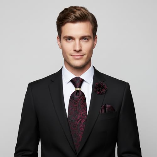 Image of 5PCS Tie and Pocket Square for Men, Silk Necktie and Handkerchief Cufflinks with Gold Ring and Lapel Pin Set