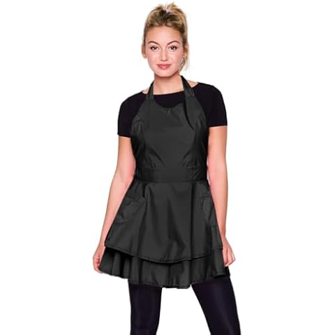 Betty Dain Noir Chic Bleach-Proof All-Purpose Salon Apron: Stylish, Lightweight Polyester with Ruffle Details, Extra Long Ties, and Two Side Pockets for Ultimate Functionality Cover