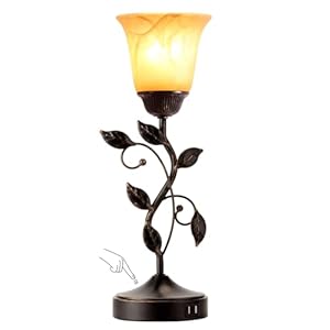 Touch Control Table Lamp with 2 USB Charging Ports, 3-Way Dimmable Bedside Nightstand Lamps, Amber Glass Shade Vintage Rural Leaf Lamp for Living Room, Bedroom, Dresser, LED Bulb Included (Bronze)