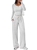 Trendy Queen 2 Piece Matching Lounge Sets for Women Early Fall Fashion Outfits 2025 Two Piece Airport Travel Vacation Sweatsuit Outfits Clothes Winter Clothing Oat Grey M