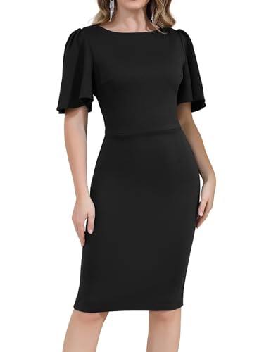 Aphratti Black Funeral Dresses for Women Work Party Church Outfit Short Sleeve Summer Formal Cocktail Dress Black X-Large