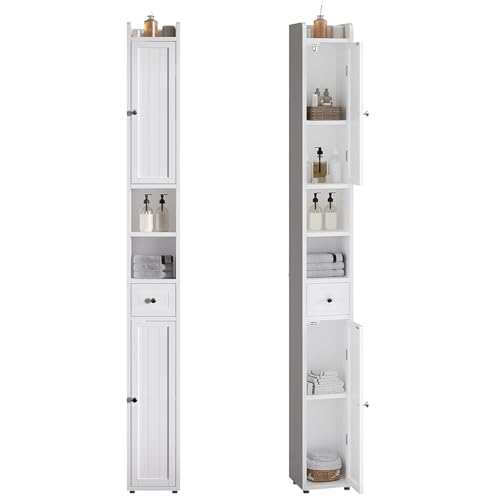 ChooChoo Narrow Bathroom Storage Cabinet with Adjustable Shelves, Tall Storage Cabinet with 2 Doors and 1 Drawer, Freestanding Cupboard for Small Spaces, White