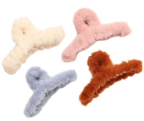 Kathihon 4 pcs Fur Plush Long Hair Cute Clips Claw for Women and Girls with Thick or Curly Hair, Premium Jaw Clips for Thick Hair