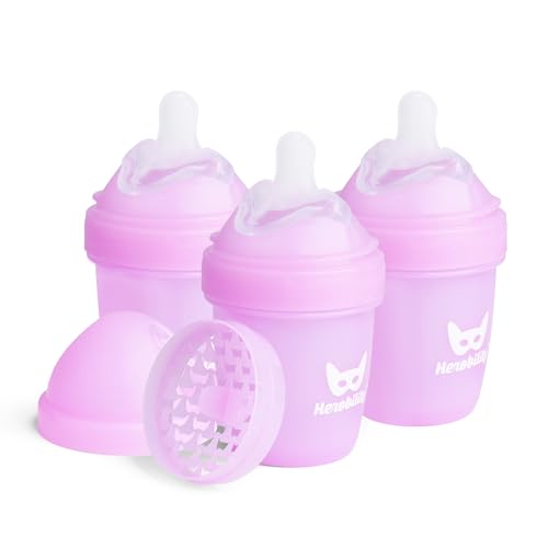 Image of Herobility Anti-Colic Baby Bottles 5 fl oz /140 ml – Pack of 3 Newborn Baby Bottles, Slow Flow Plastic Bottles, Breast-Shaped Teat for Breastfed Babies, Small Baby Bottles, Swedish Design, Purple