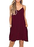 MISFAY Strandkleid für Damen Sommer Lässig V-Ausschnitt Trägerkleid Spaghettiträger Swing Minikleid mit Taschen Weinrot S