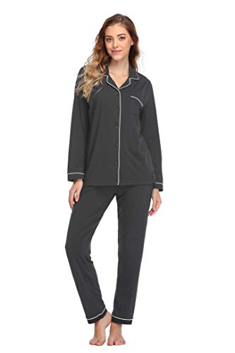 DKKK Womens Pajama Sets Long Sleeve Button Down Sleepwear Loungewear Soft Pj Sets Pajamas Set Long Sleeve Sleapwear Womens Nightwear Pj Lounge Sets Deep Grey L