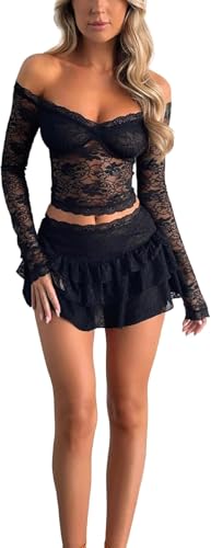 2 Pieces Mini Skirt Set for Women Elegant Lace Crop Top Bodycon Skirts Sheer Mesh Y2K Matching Sets