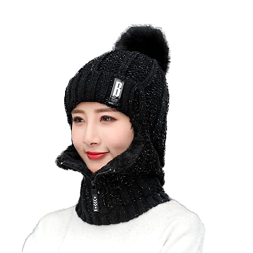 Tuelaly Frauen Fleece gefüttert Plüsch Kugel Nacken Wärmer Kappe Reißverschluss Winddicht Warme Winter Gesichtsabdeckung Slouchy Beanie für Radfahren Schwarz Cover