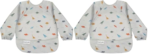 Image of Tiny Twinkle Long Sleeve Bib for Babies & Toddlers | Waterproof Smock Bib for Eating | Machine Washable & Mess-Proof Feeding Essentials | Newborn Shower Gift (Dinosaur, 6-24M) (Pack of 2)