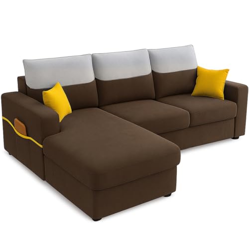 Image of Furny Tokiaa 4 Seater Fabric LHS L Shape Sofa Set (Brown) | Soft Velvet Fabric | Modern Design | Comfortable Seating | Living Room Furniture