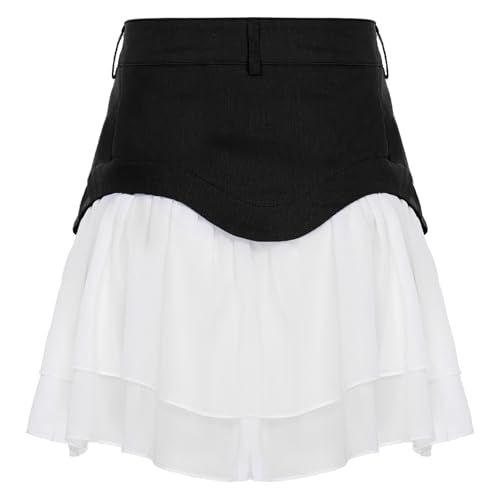JEYPINMI Patchwork Pleated Mini Skirt for Women Color Contrast Ruffle Hem Layered Chiffon Skirt4